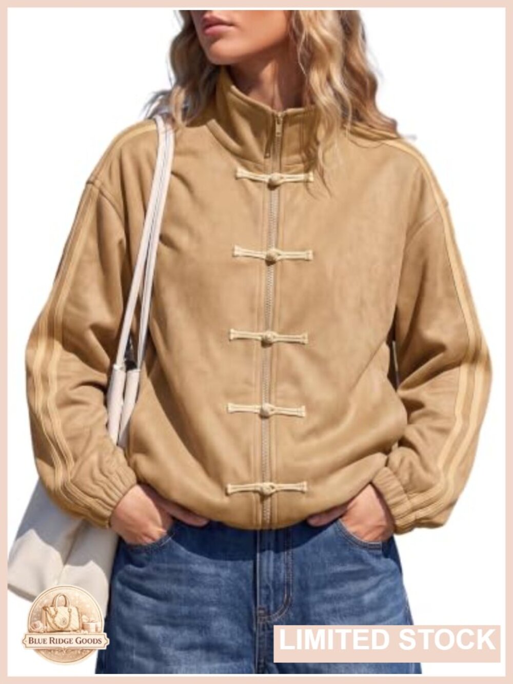 Faux Suede Zip Up Funnel Neck Bomber Jacket Chinese Frog Button